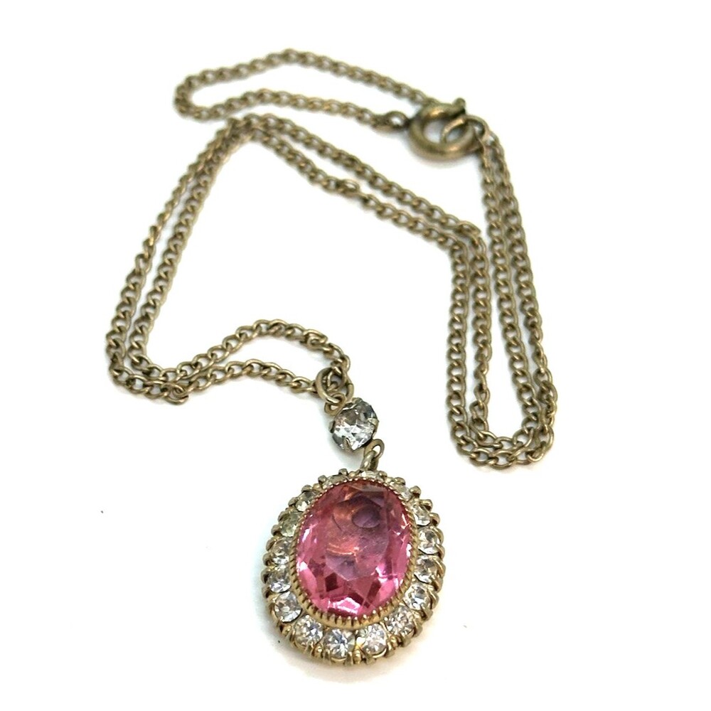 Vintage Pink Glass Rhinestone Pendant Necklace Oval Statement Gold Tone
